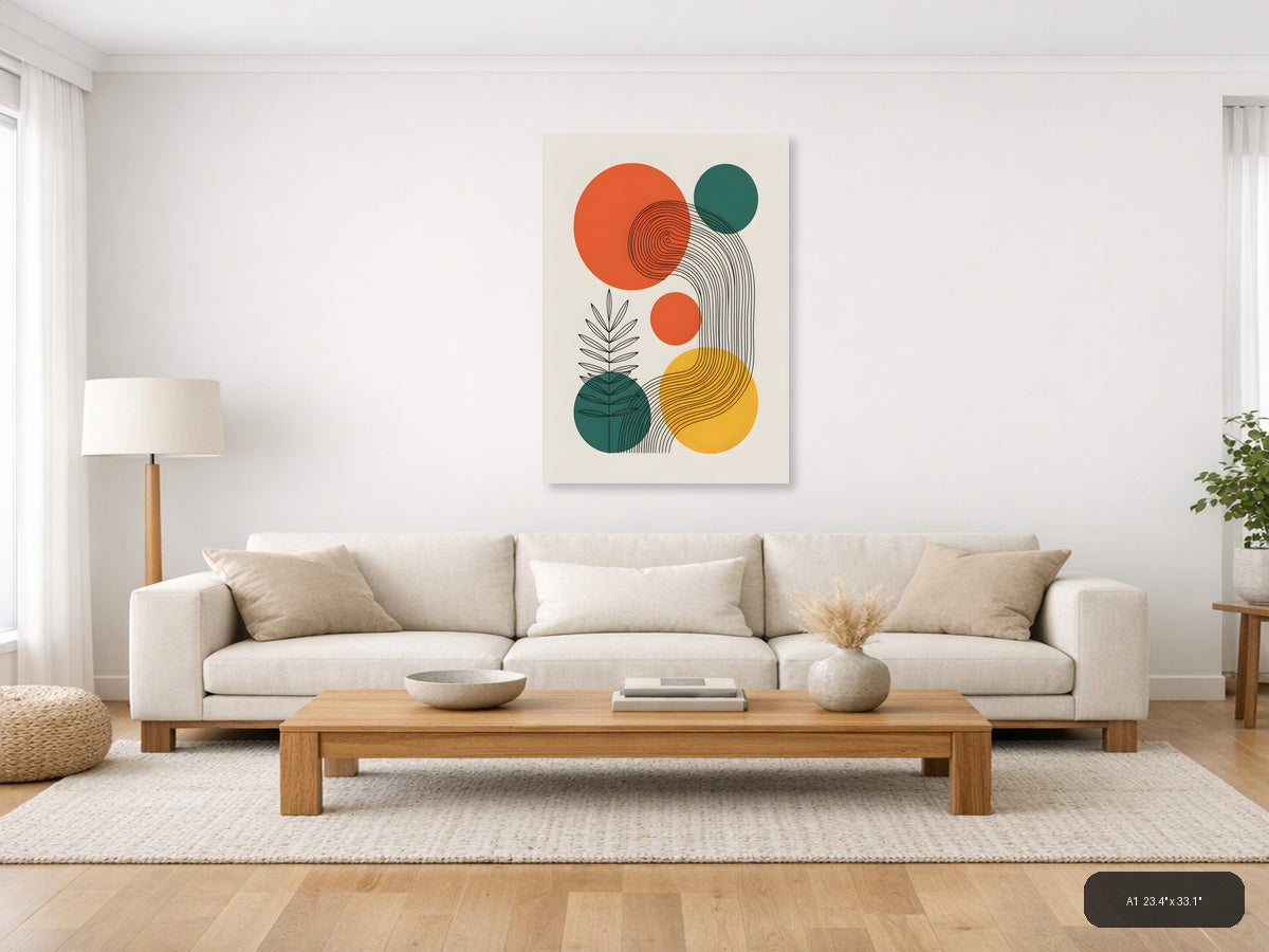 Abstract Line Art with Geometric Circles and Plants Wall Art — A1 / Living Room
