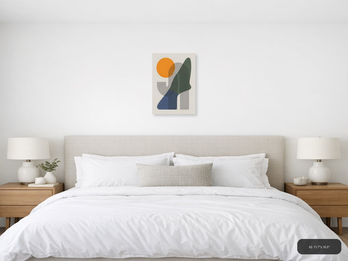 Abstract Line Art Portrait with Orange Sun Wall Art — A3 / Bedroom