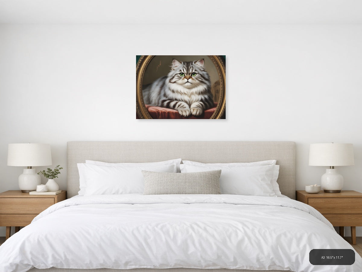 Fluffy Tabby Cat Portrait - Vintage Style Wall Art — A3 / Bedroom