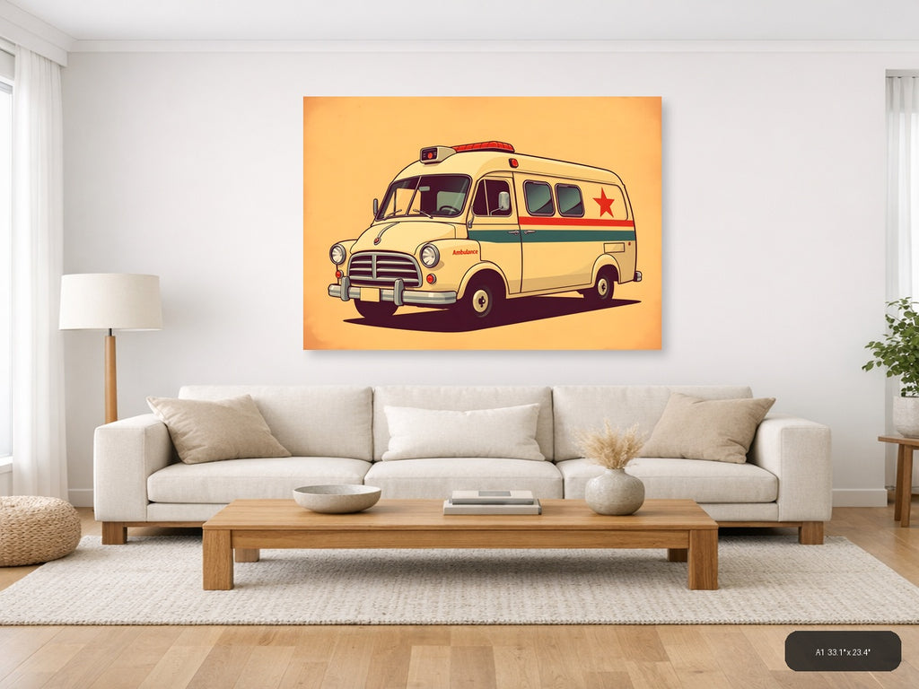 Vintage Cream Ambulance Illustration - Retro Wall Art — A1 / Living Room