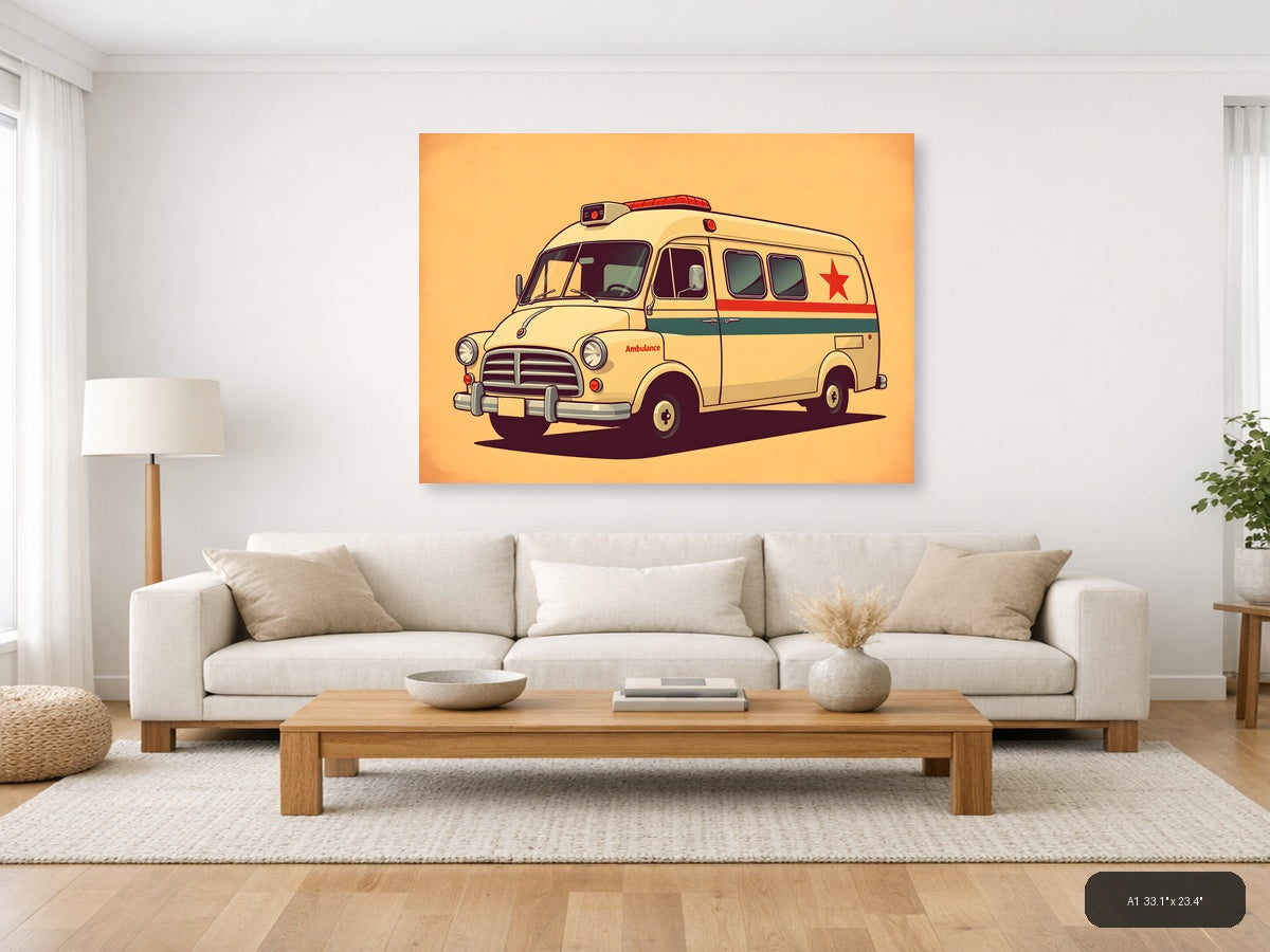 Vintage Cream Ambulance Illustration - Retro Wall Art — A1 / Living Room