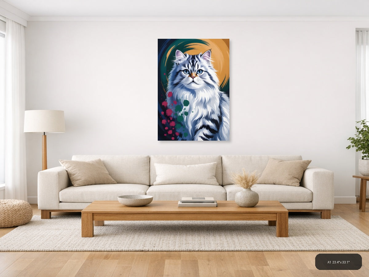 Blue-Eyed White Cat Abstract Portrait Wall Art — A1 / Living Room