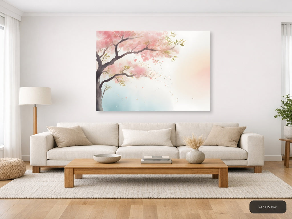 Cherry Blossom Tree Watercolor Landscape Wall Art — A1 / Living Room