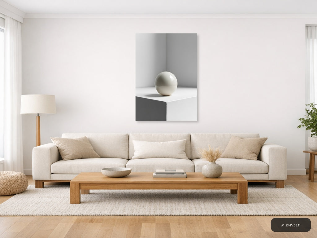 Minimalist White Sphere on Pedestal Wall Art — A1 / Living Room