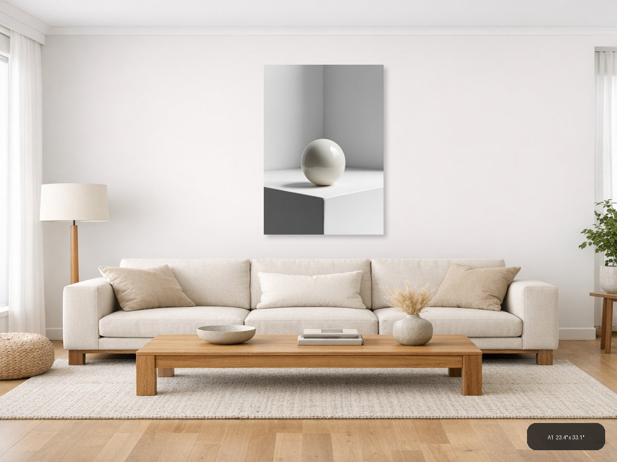 Minimalist White Sphere on Pedestal Wall Art — A1 / Living Room