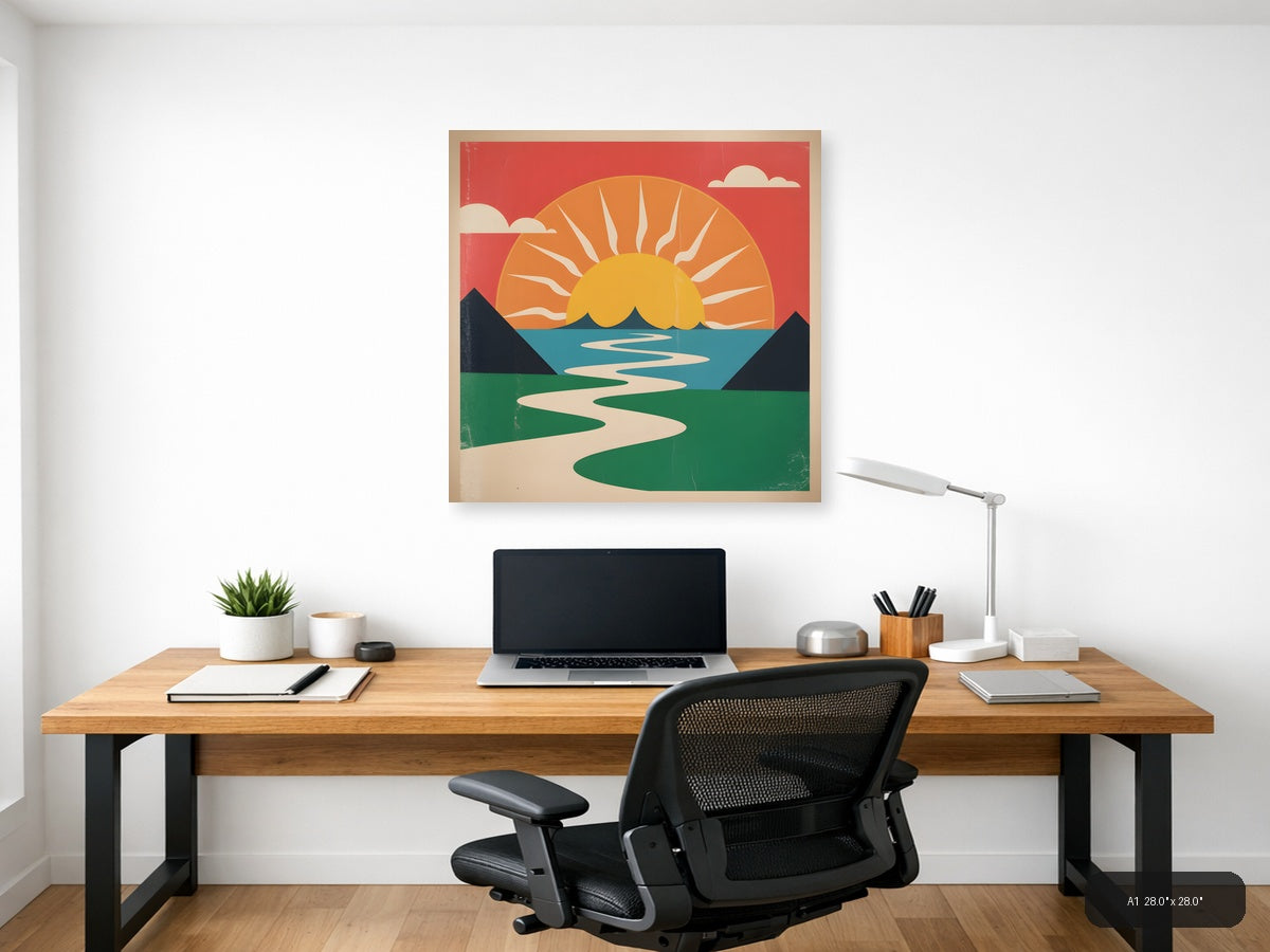 Vintage Sunset Landscape with River - Retro Wall Art — A1 / Office