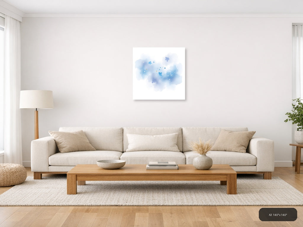 Dreamy Blue Watercolor Sky with Stars and Clouds Wall Art — A3 / Living Room