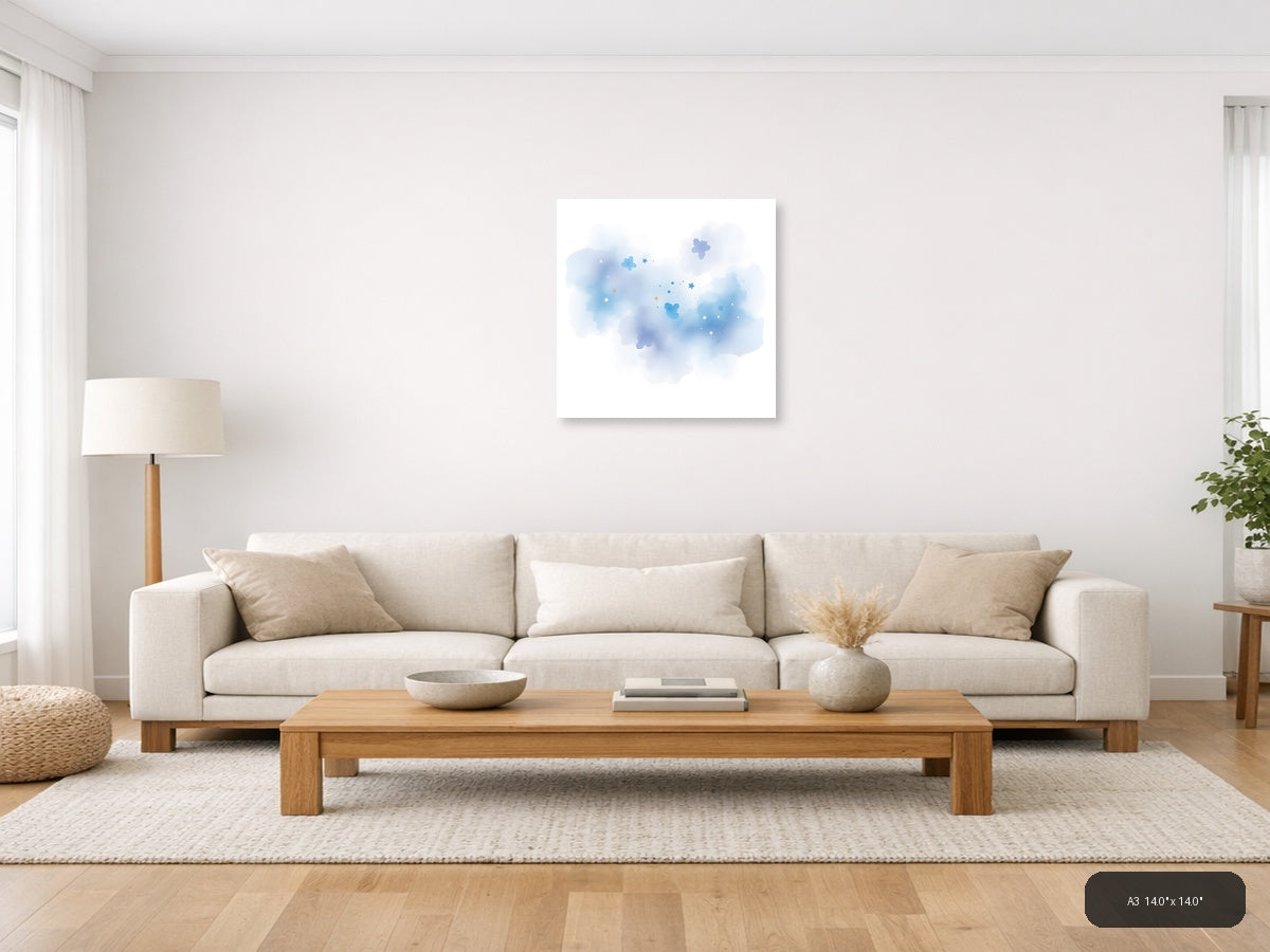Dreamy Blue Watercolor Sky with Stars and Clouds Wall Art — A3 / Living Room
