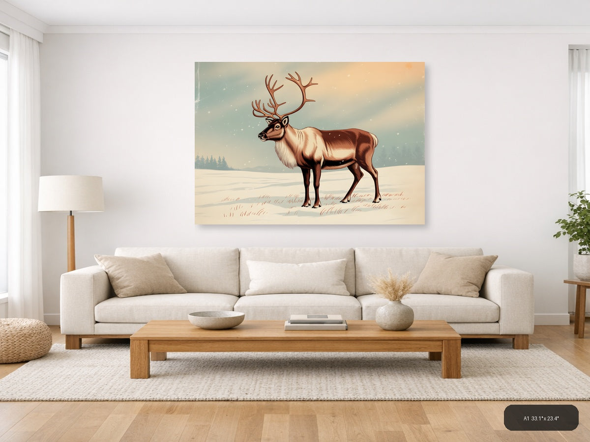 Vintage Reindeer in Snow Landscape Wall Art — A1 / Living Room