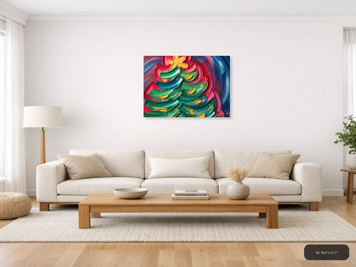 Colorful Abstract Christmas Tree with Neon Brushstrokes Wall Art — A3 / Living Room