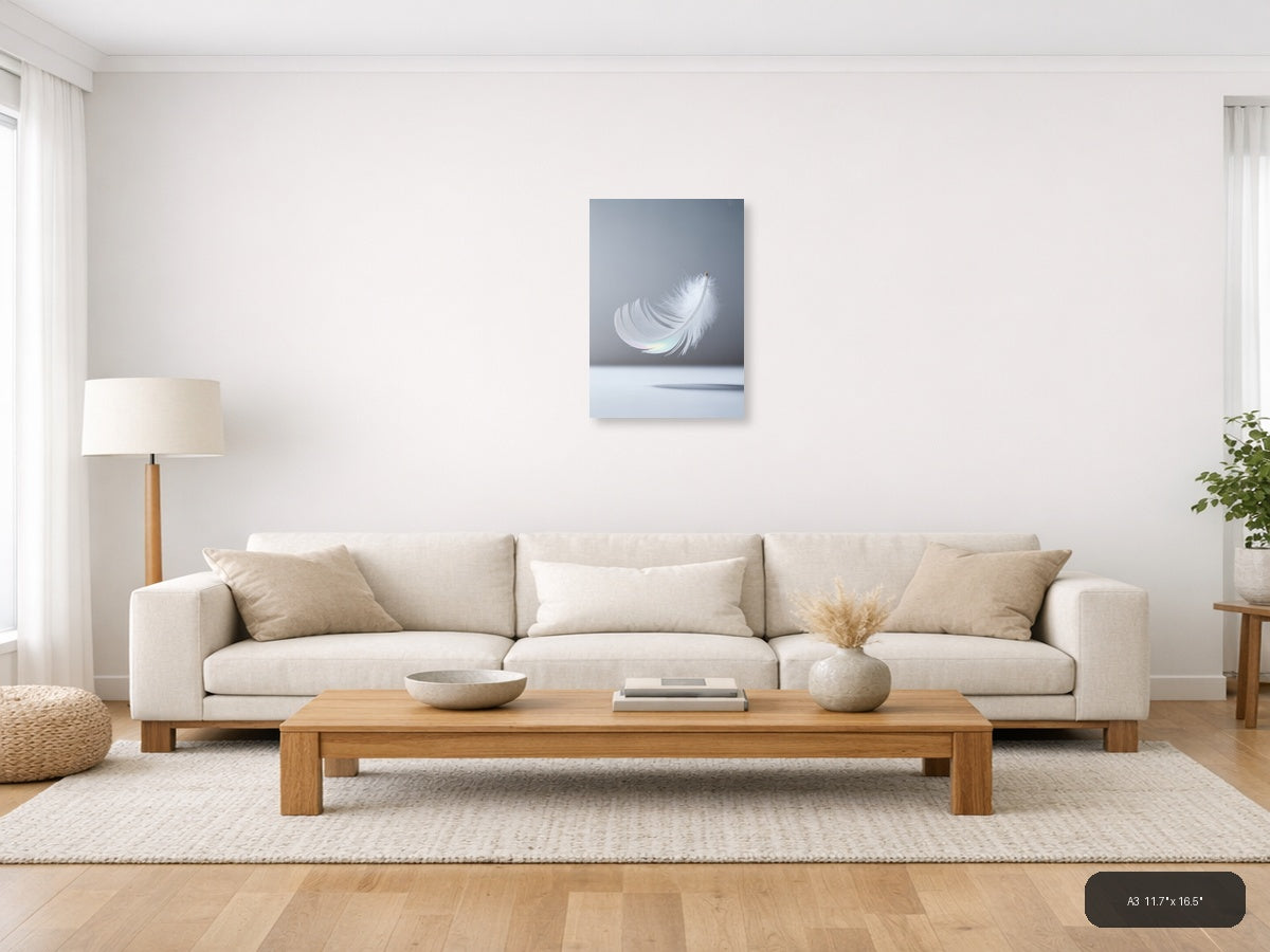 White Feather with Iridescent Glow Minimalist Wall Art — A3 / Living Room