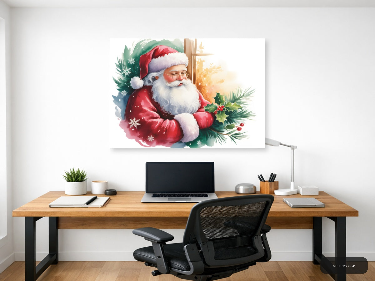 Santa Claus with Holly & Snowflakes Watercolor Wall Art — A1 / Office