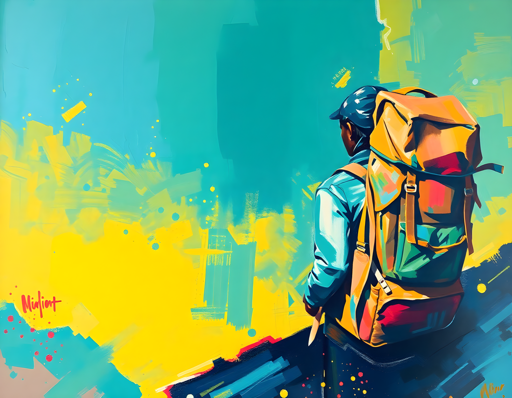 Colorful Adventurer with Backpack Abstract Wall Art
