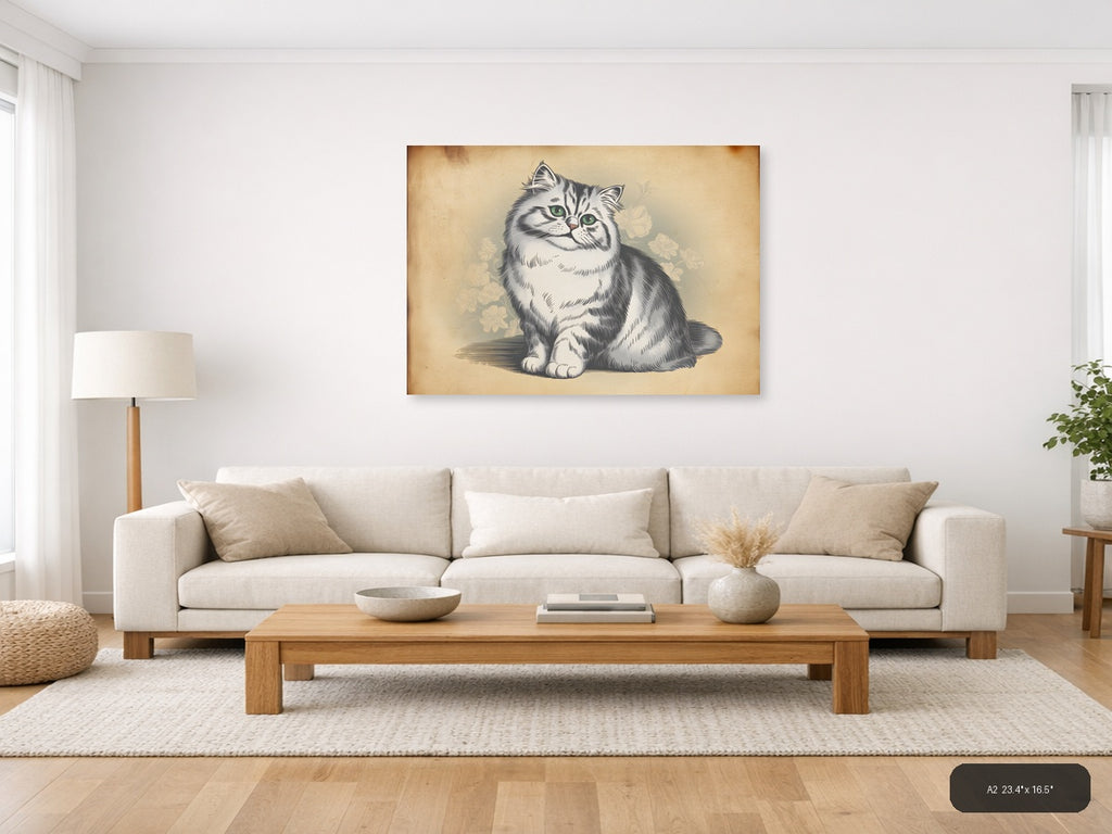 Vintage Fluffy Cat with Green Eyes Illustration Wall Art — A2 / Living Room
