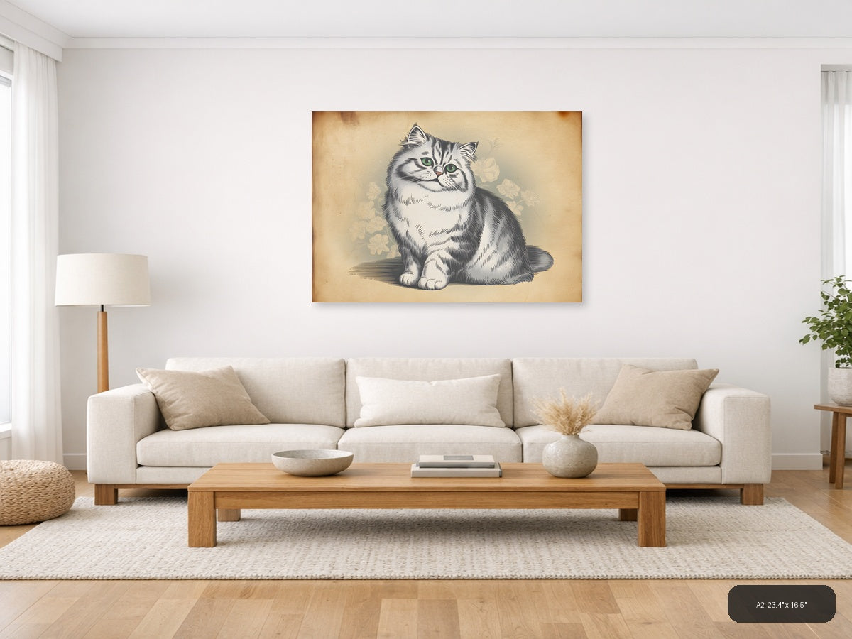 Vintage Fluffy Cat with Green Eyes Illustration Wall Art — A2 / Living Room