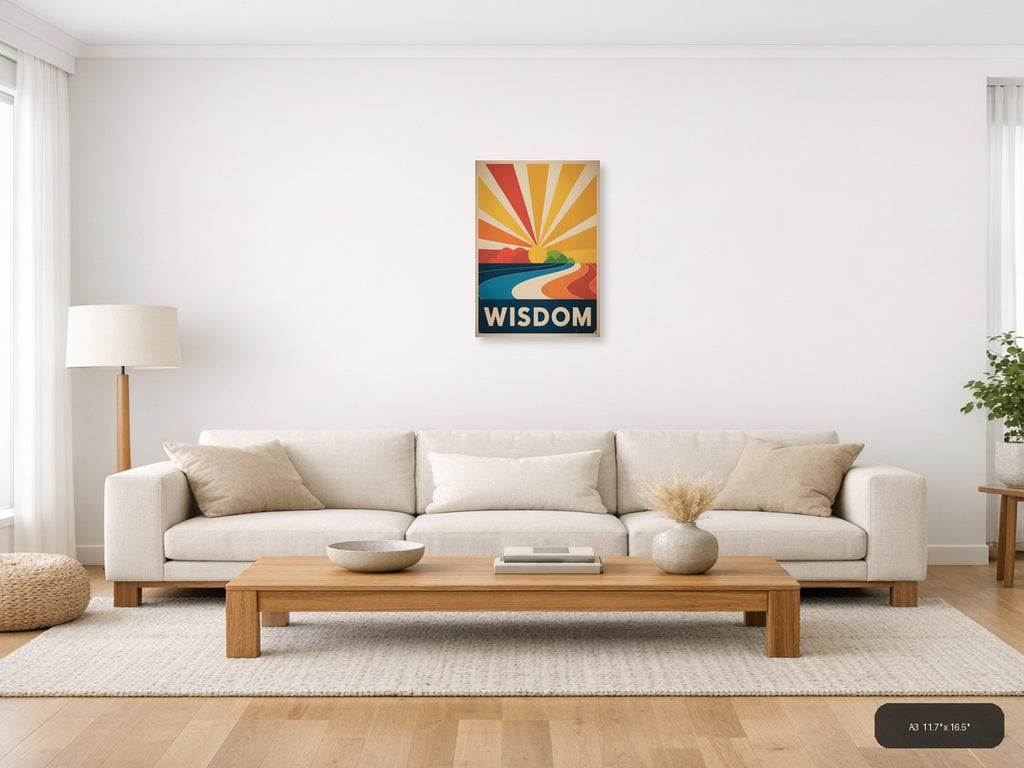 Vintage Sunrise Landscape with Wisdom Text Wall Art — A3 / Living Room