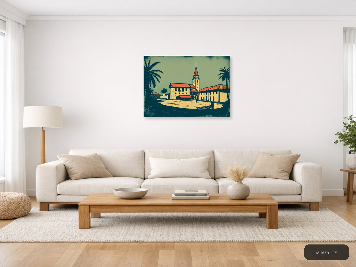 Vintage Tropical Church Landscape Wall Art — A3 / Living Room
