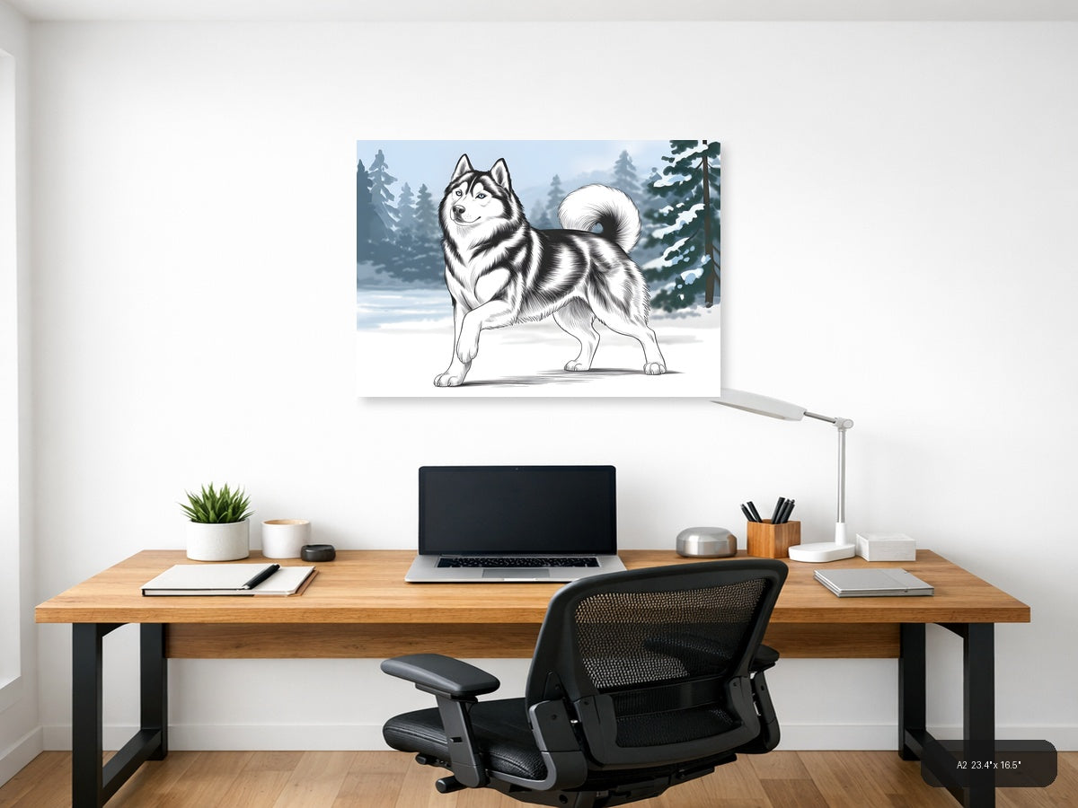 Husky Dog Line Art Winter Forest Landscape Wall Art — A2 / Office