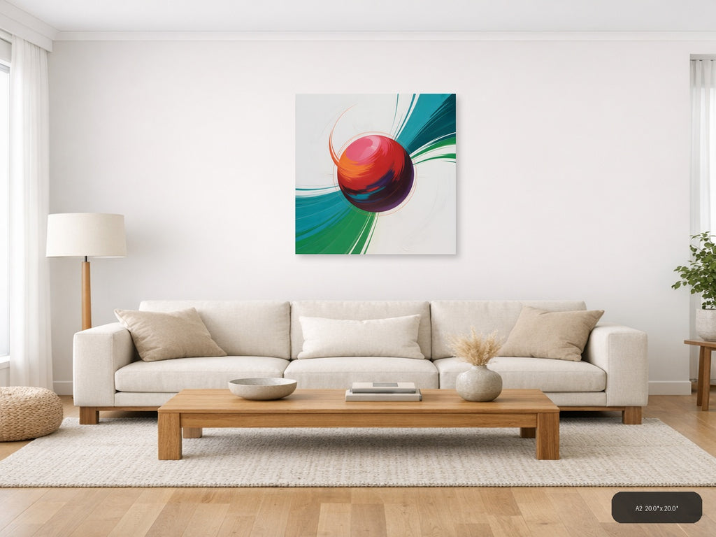 Red Sphere with Teal & Green Wave Abstract Wall Art — A2 / Living Room