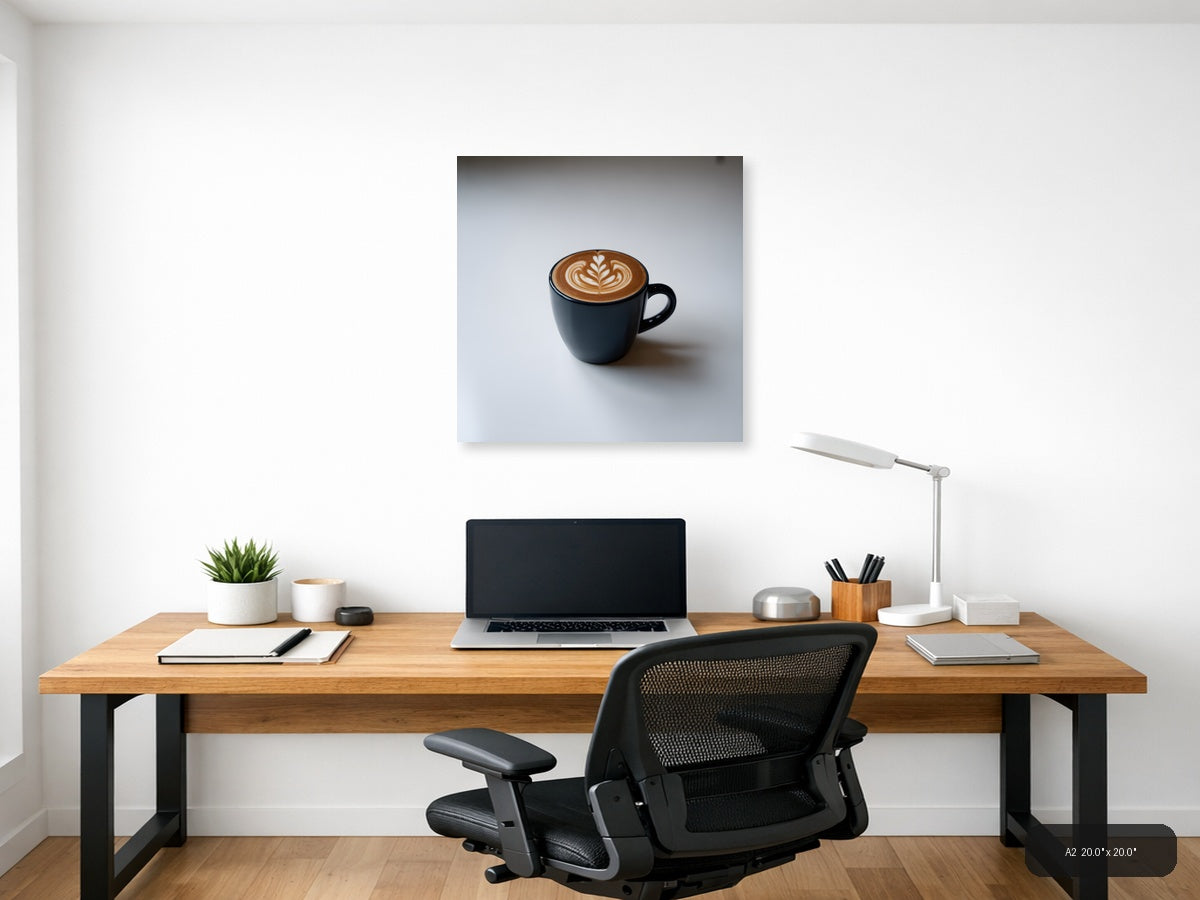 Minimalist Black Coffee Cup with Latte Art Wall Art — A2 / Office