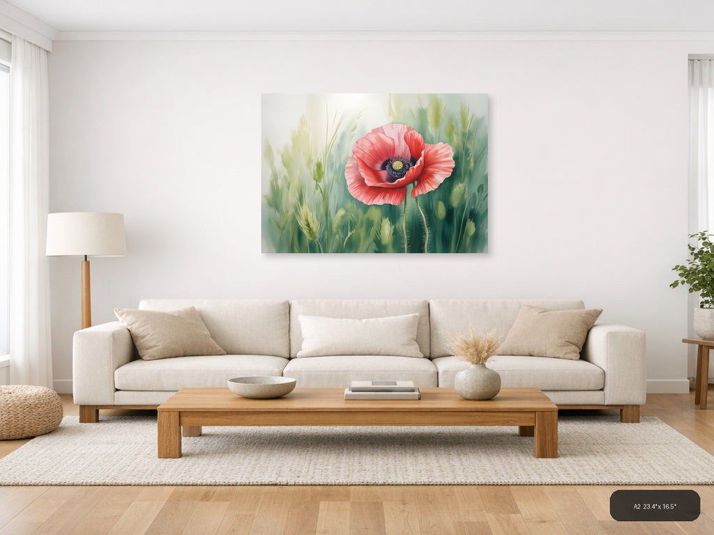 Red Poppy Watercolor Flower with Wheat Field Wall Art — A2 / Living Room