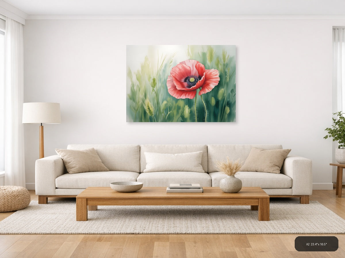 Red Poppy Watercolor Flower with Wheat Field Wall Art — A2 / Living Room
