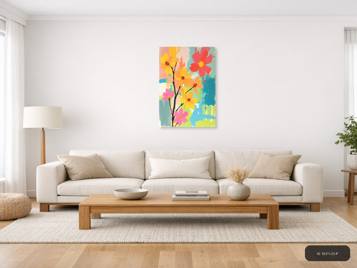 Colorful Abstract Flowers on Branch Portrait Wall Art — A2 / Living Room