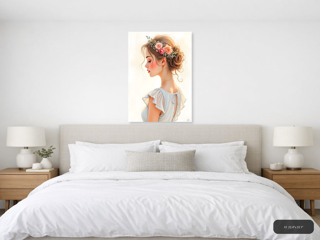 Elegant Woman with Floral Crown Watercolor Wall Art — A1 / Bedroom