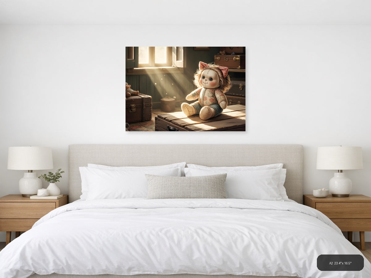 Vintage Stitched Doll in Sunlit Room Wall Art — A2 / Bedroom