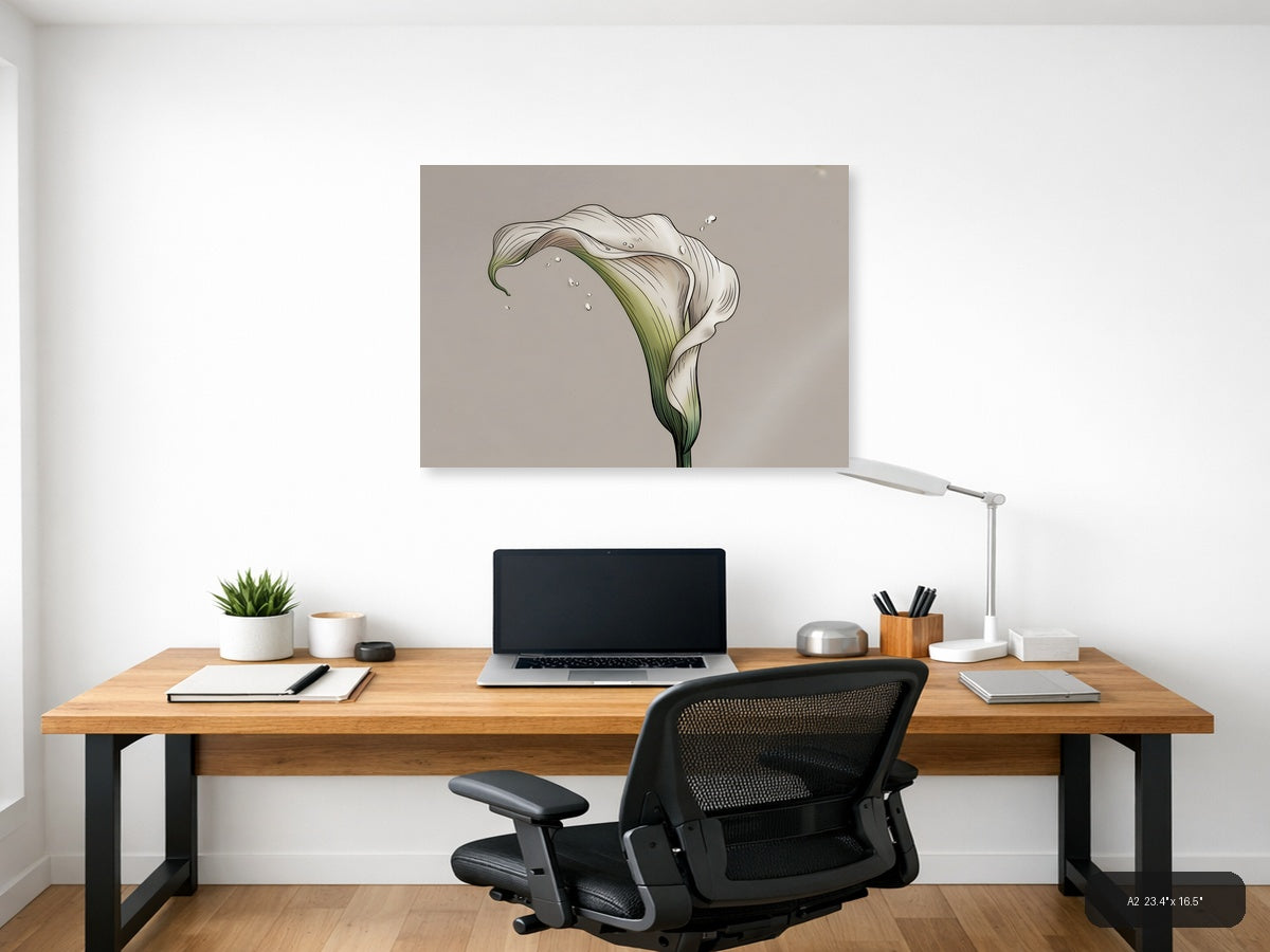 White Calla Lily with Water Drops Line Art Wall Art — A2 / Office