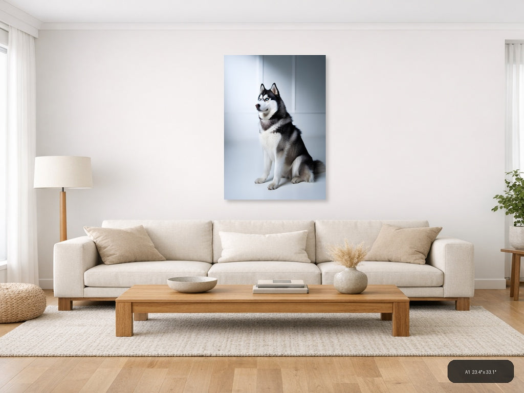Black and White Husky Portrait Minimalist Wall Art — A1 / Living Room