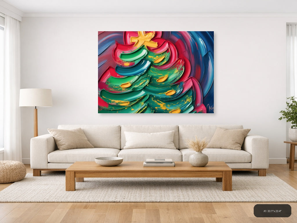 Colorful Abstract Christmas Tree with Neon Brushstrokes Wall Art — A1 / Living Room