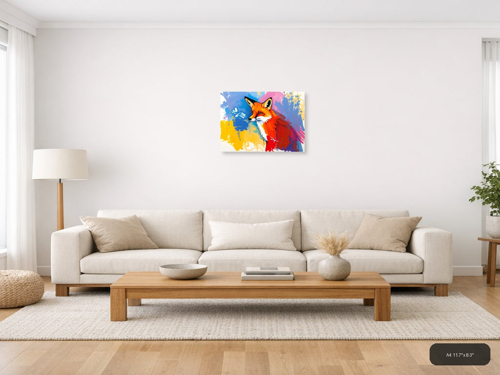 Vibrant Abstract Fox Portrait Splash Wall Art — A4 / Living Room
