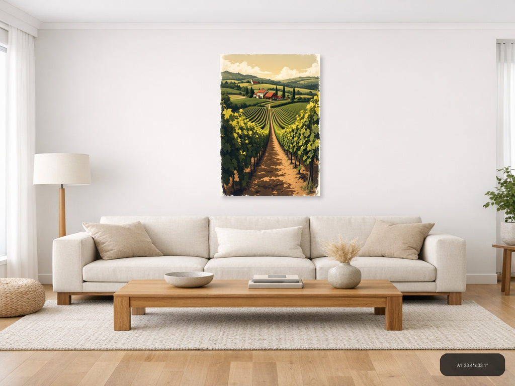 Vintage Vineyard Landscape with Farmhouse Wall Art — A1 / Living Room