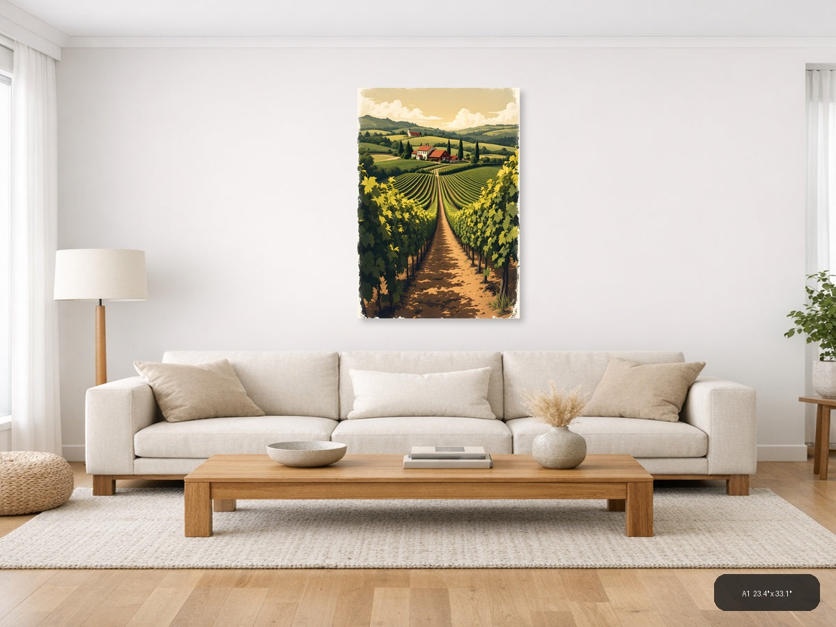 Vintage Vineyard Landscape with Farmhouse Wall Art — A1 / Living Room