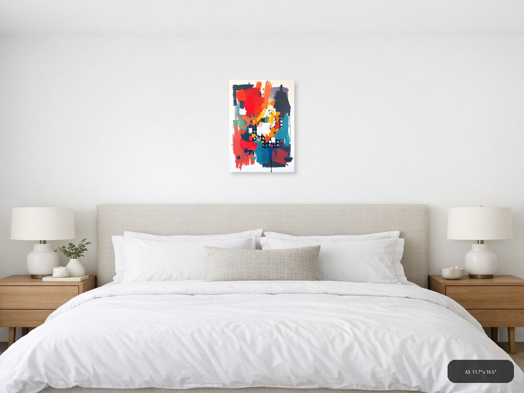 Bold Abstract Composition Red Orange Teal Wall Art — A3 / Bedroom