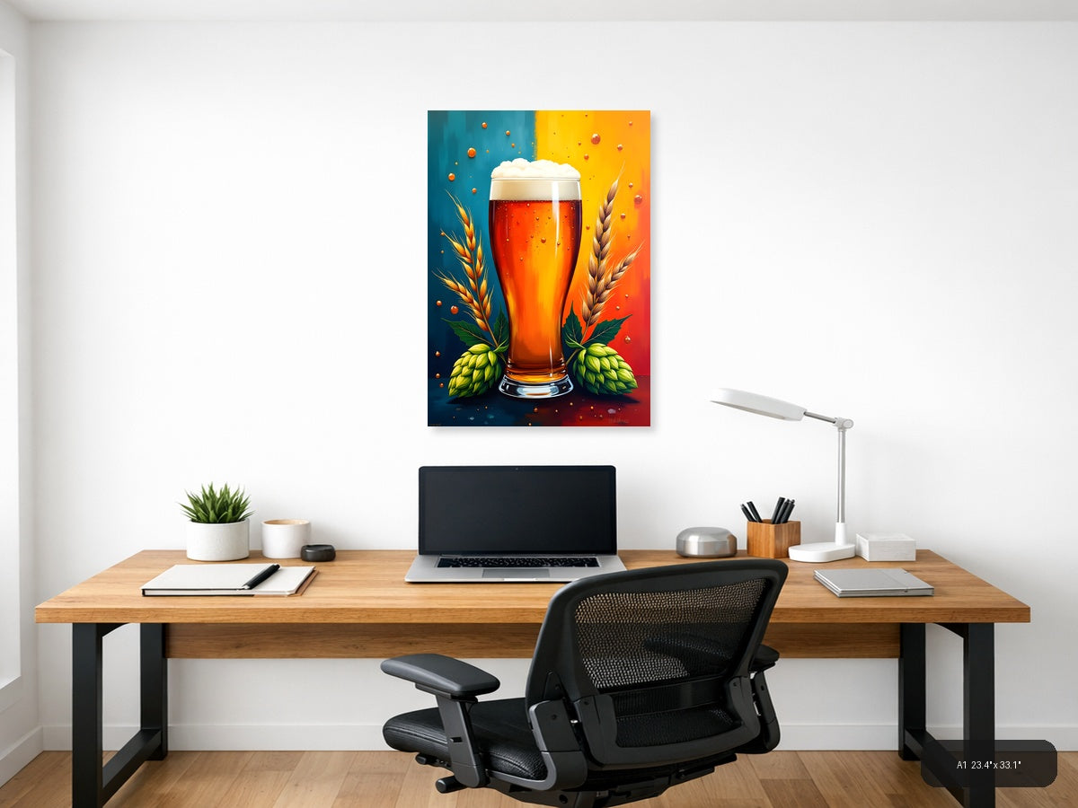 Beer Glass with Hops and Wheat Abstract Wall Art — A1 / Office