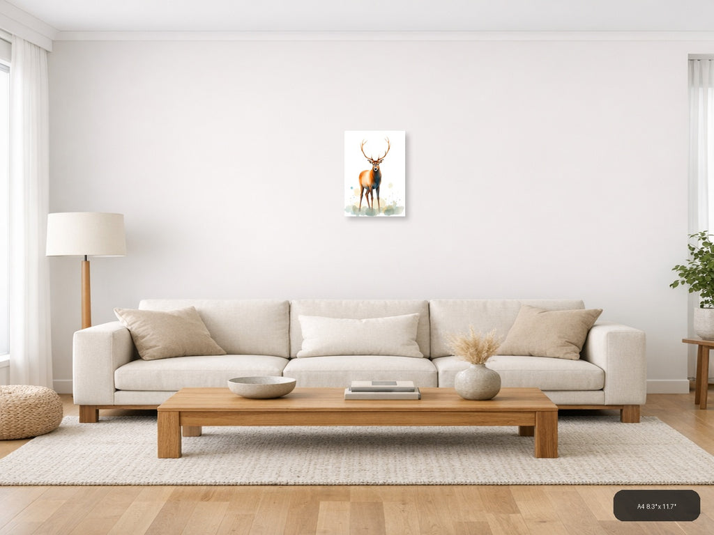 Majestic Deer with Antlers Watercolor Portrait Wall Art — A4 / Living Room