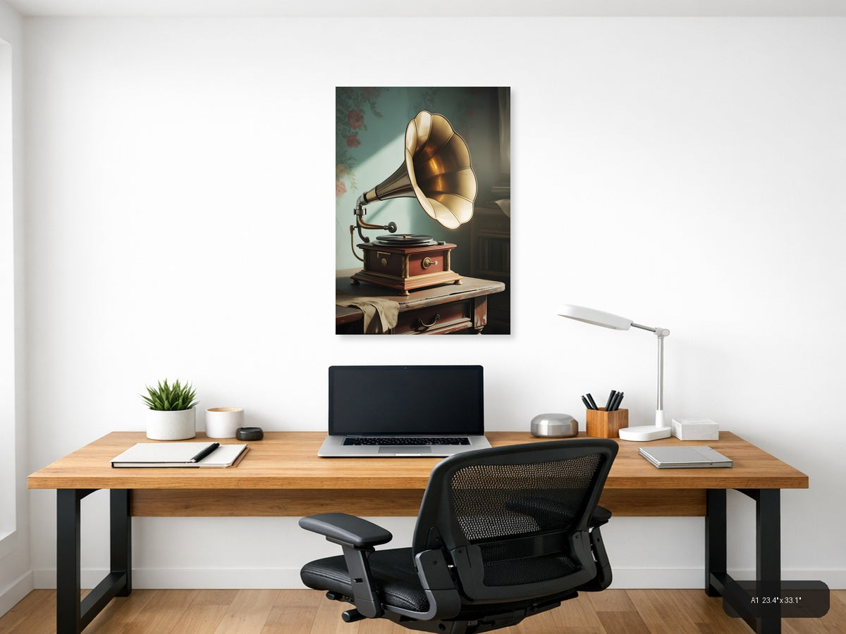 Vintage Gramophone with Brass Horn Wall Art — A1 / Office