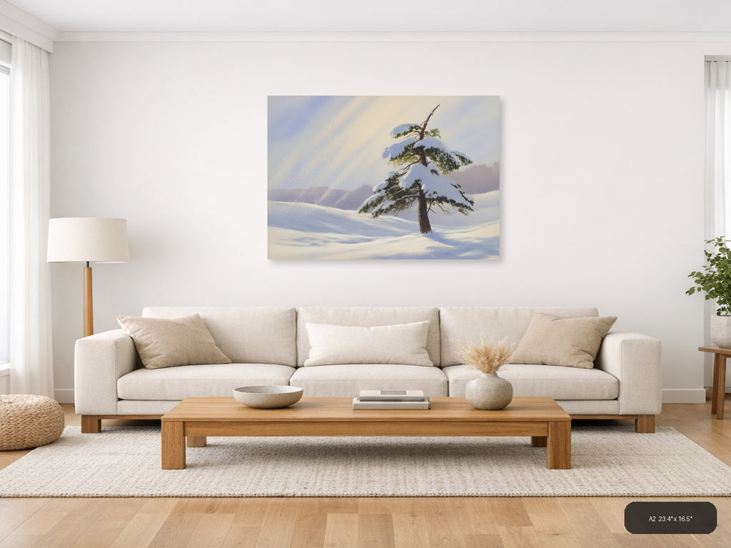 Snowy Pine Tree Winter Landscape Watercolor Wall Art — A2 / Living Room