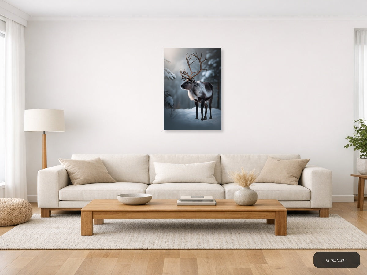 Majestic Reindeer in Snowy Winter Forest Photography Wall Art — A2 / Living Room