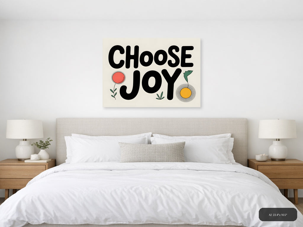 Choose Joy Line Art Print with Flowers and Sun Wall Art — A2 / Bedroom