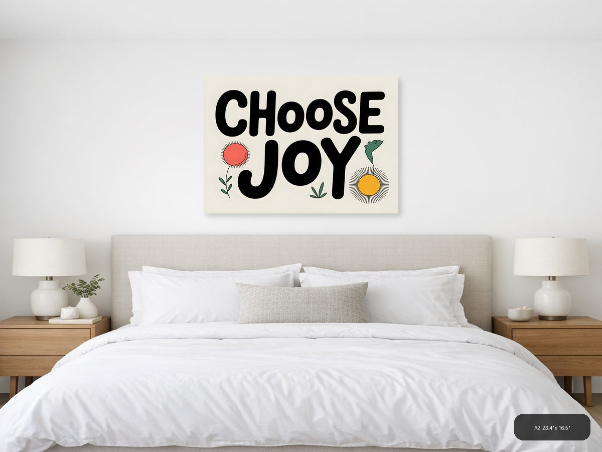 Choose Joy Line Art Print with Flowers and Sun Wall Art — A2 / Bedroom