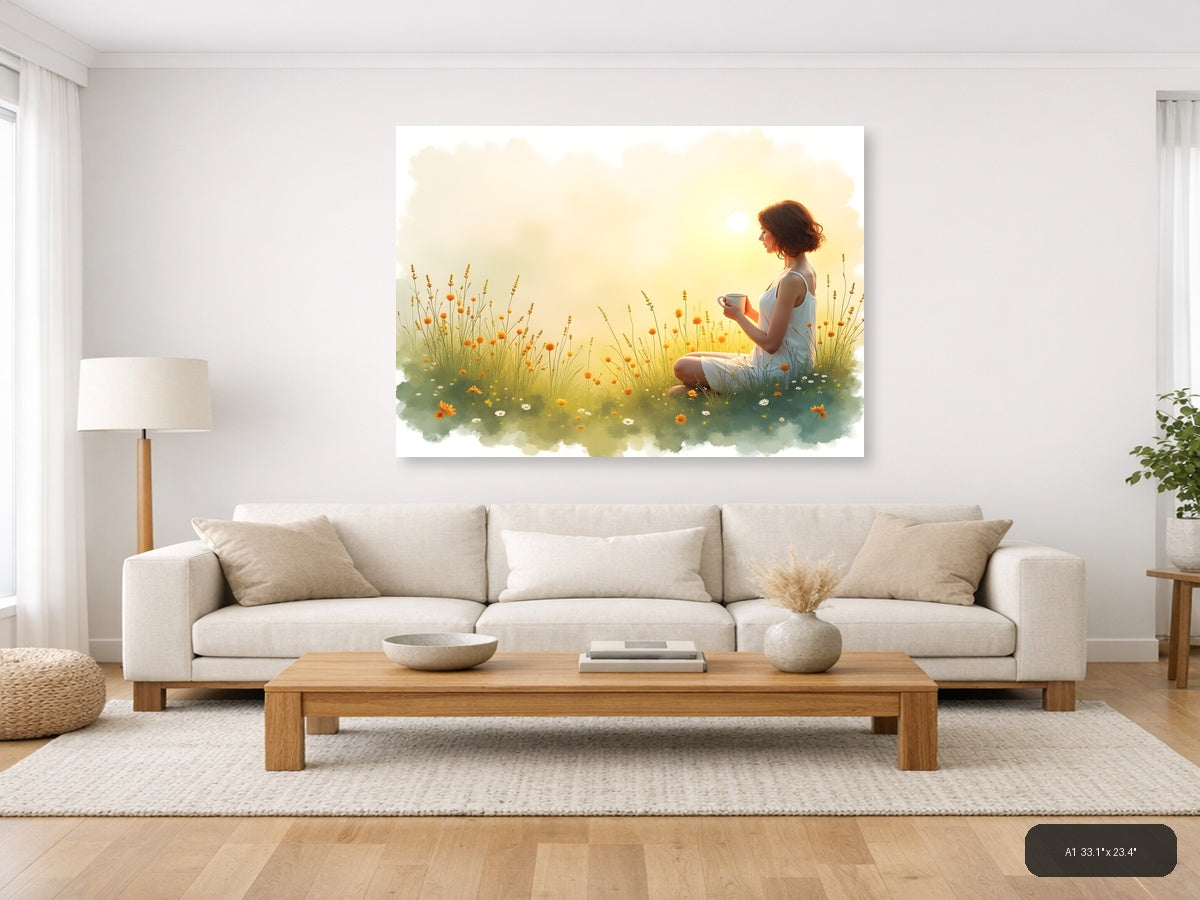 Woman in Wildflower Field at Sunrise Watercolor Wall Art — A1 / Living Room