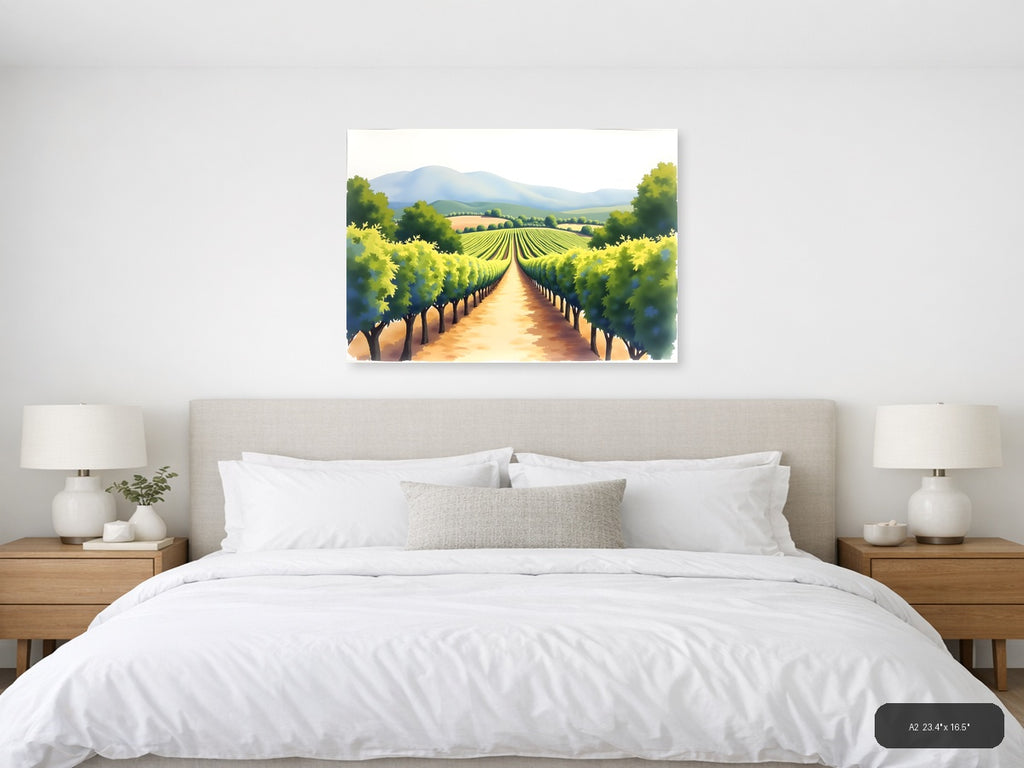 Vineyard Valley Watercolor Landscape Wall Art — A2 / Bedroom