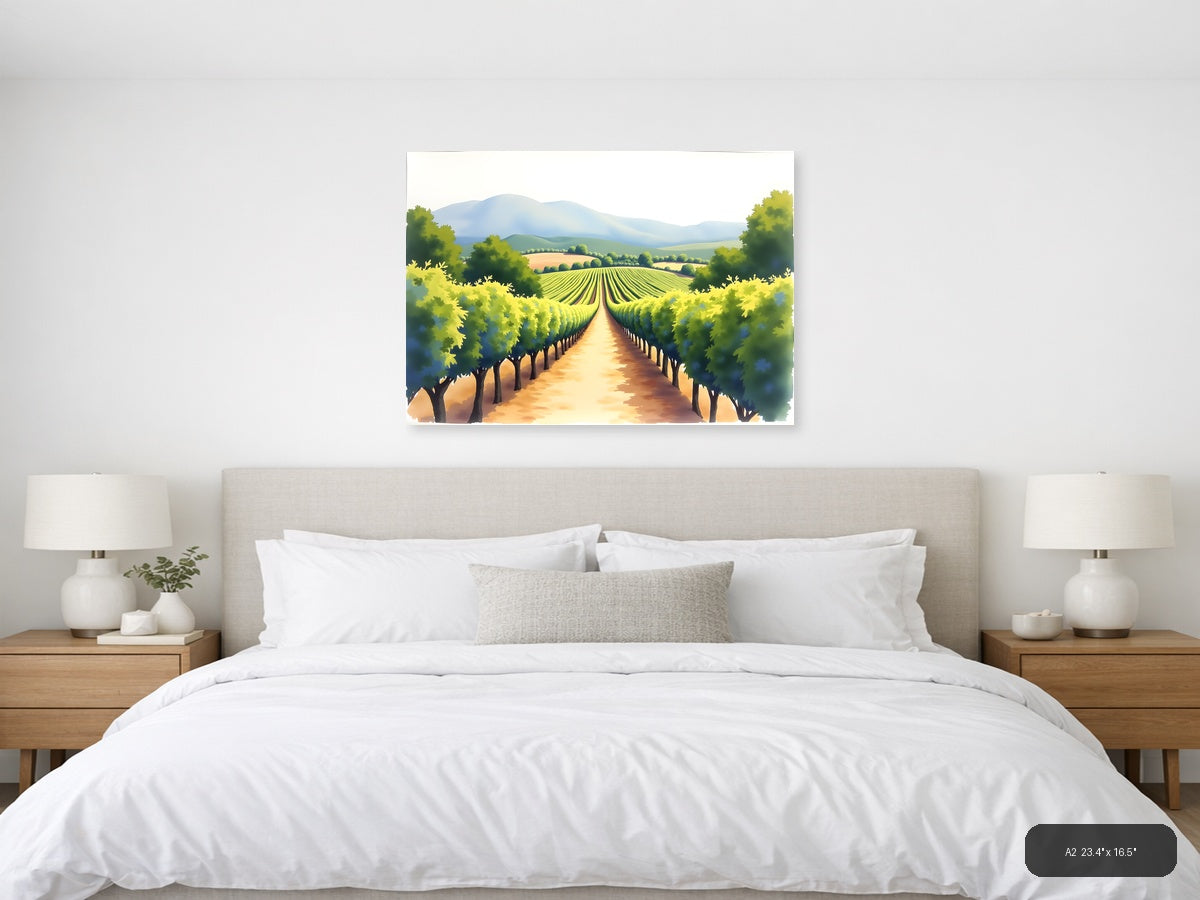 Vineyard Valley Watercolor Landscape Wall Art — A2 / Bedroom