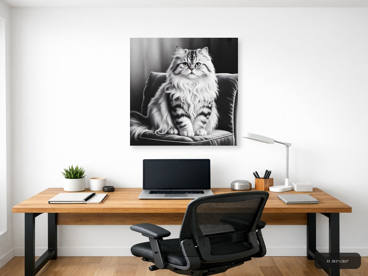Majestic Fluffy Cat Portrait Black and White Wall Art — A1 / Office