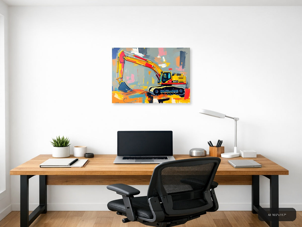 Yellow Excavator Abstract Construction Wall Art — A3 / Office