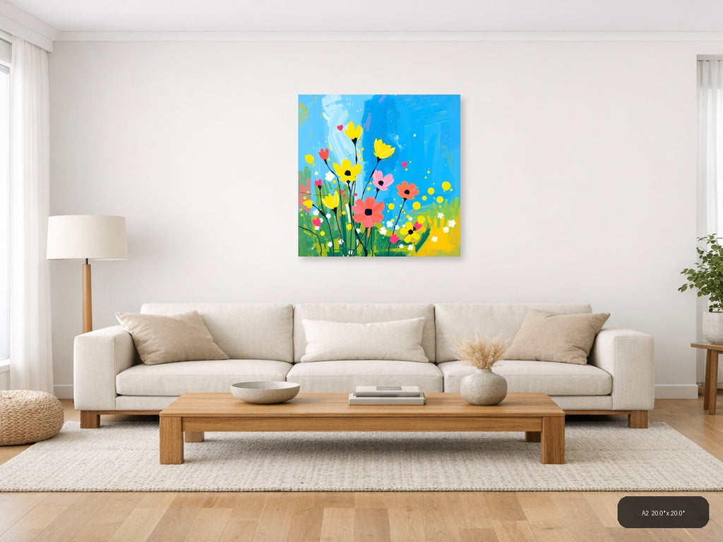 Colorful Abstract Wildflower Garden Blue Sky Wall Art — A2 / Living Room