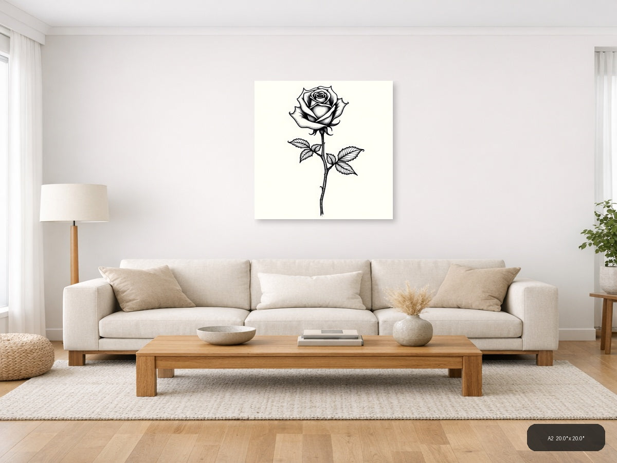 Black Rose Line Art Drawing - Botanical Wall Art — A2 / Living Room